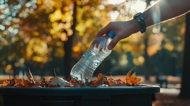 Autumnal Recycling, Hand Disposing of a Plastic Bottle in a Park Bin - Powered by Adobe