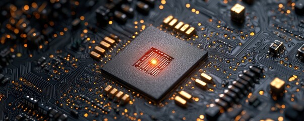 Close-up of a microchip on a circuit board with glowing connections