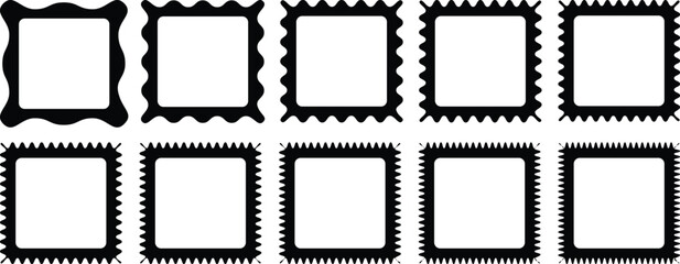 Square curved line shapes. Wave and curvy borders. Wavy scalloped doodle drawn style for decoration. Outline Rectangle frames with wavy edges set. Rectangular curved line shapes. Squiggle frames set