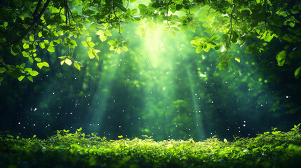 Obraz premium Sunbeams Through a Forest Canopy: A breathtaking scene of dappled sunlight piercing through a vibrant canopy of green leaves, casting ethereal rays onto a lush mossy forest floor.