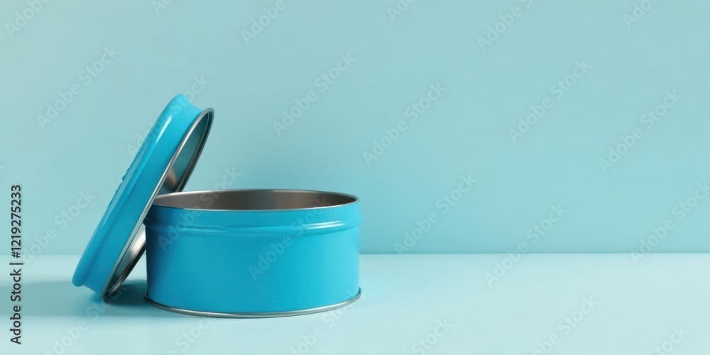 Aufkleber A Partially Opened Light Blue Round Tin Container on a Matching Background