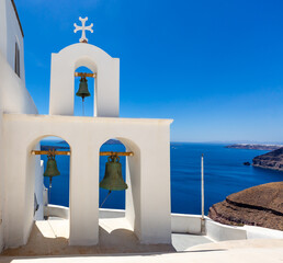View of the bells with the sea in the background in Santorini, Greece