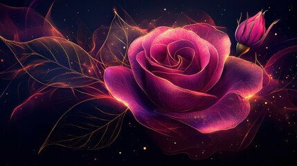 Beautiful purple rose with delicate leaves and bud at night