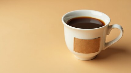 A simple white mug filled with dark coffee, adorned with a blank kraft paper label, rests on a muted beige surface, offering a minimalist aesthetic and ample space for your message.