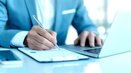 Fototapeta premium A professional individual in a suit writes notes on a clipboard while using a laptop, indicating a focused work environment.