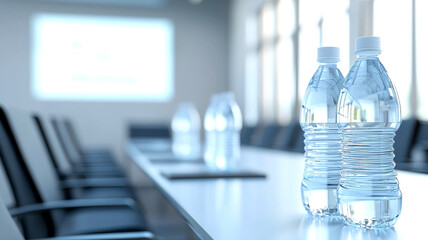 A modern conference room with a long table, featuring clear plastic water bottles in focus, and a projector screen in the background.