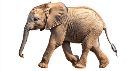 Fototapeta premium A baby elephant walking through the savannah, with a clear blue sky in the background, on a white isolated background