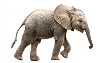 Fototapeta premium A baby elephant walking through the savannah, with a clear blue sky in the background, on a white isolated background