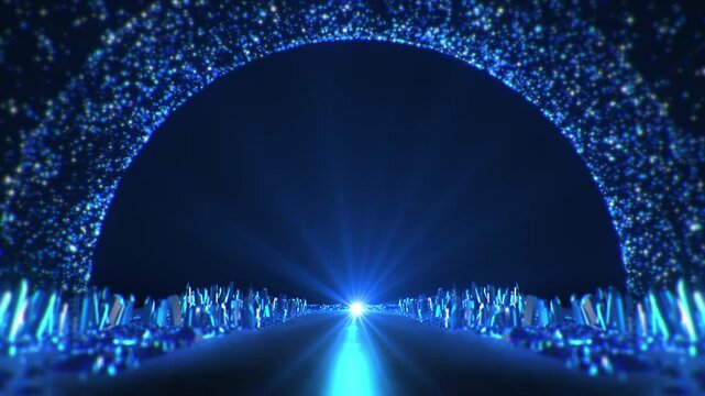 Beautiful luxury blue light sparkling particles explosion and glitter.  magical crystal floor. tunnel with flare light shrimering. awards. celebrate event.  background. backdrop. Loopable. LED. 4K