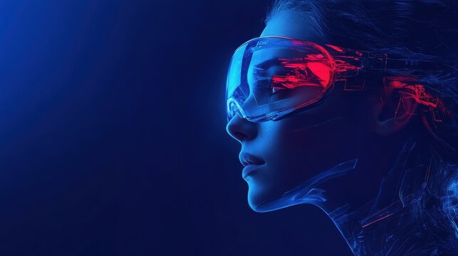 augmented reality, science and technology concept - beautiful woman in futuristic vr glasses over dark blue background