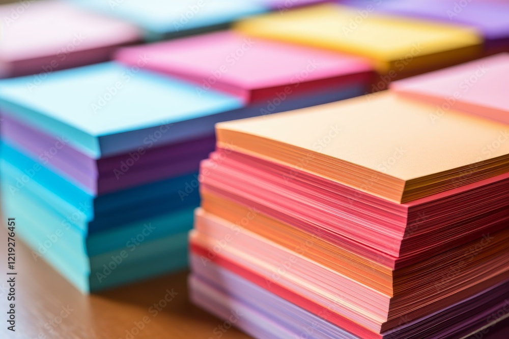 Poster stacks of colorful paper arranged on a wooden table, creating a vibrant and artistic display