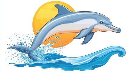 Obraz premium A playful dolphin leaping out of the ocean, with the sun setting in the background, on a white isolated background