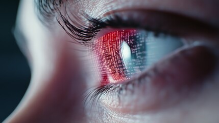 Close up of a woman's eye reflecting a futuristic digital screen displaying red binary code, suggesting concepts of vision, technology, and the integration of humans with digital information