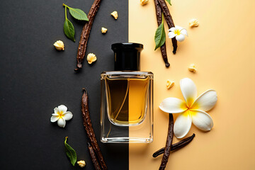 Advertising image of women's perfume adorned with key aromatic notes components like vanilla pods and fresh jasmine flowers, copy space
