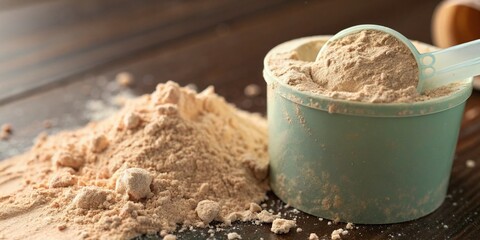 Fototapeta premium Protein Powder Scoop Closeup: Fitness Supplement Texture & Airy Particles