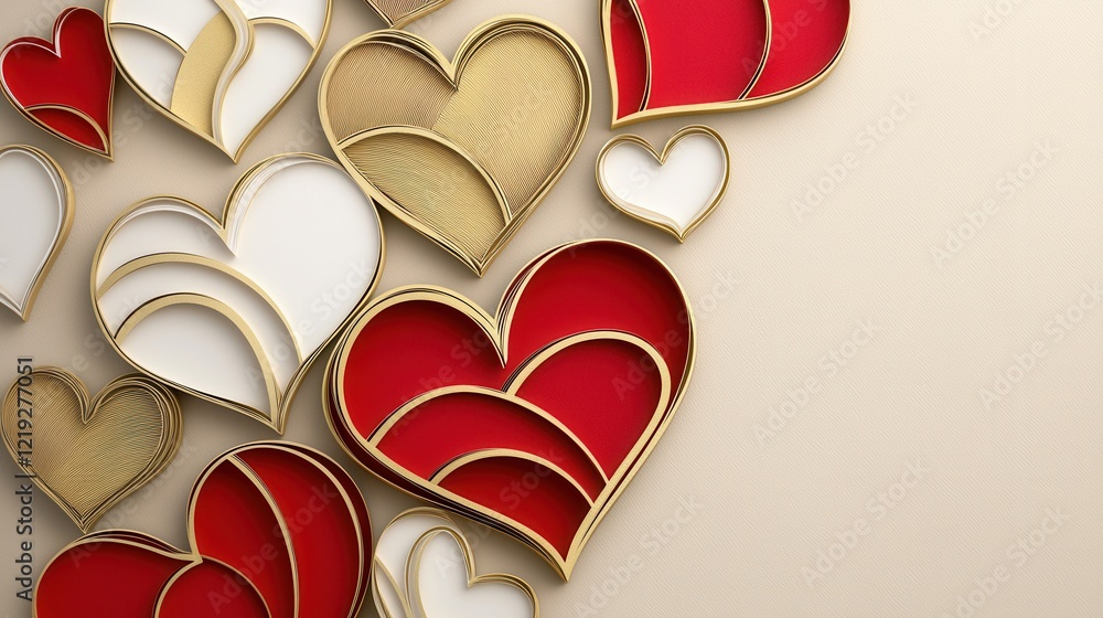 Poster modern concept of overlapping hearts in metallic colors on a soft background