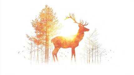 A graceful deer standing in a forest clearing, with sunlight filtering through the trees, on a white isolated background