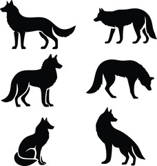 Six Elegant Black Wolf Silhouettes Vector Set Wild Animal Design Graphic  Illustrations Nature Wildlife art icon logo   
