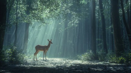 A graceful deer standing in a forest clearing, with sunlight filtering through the trees, on a white background