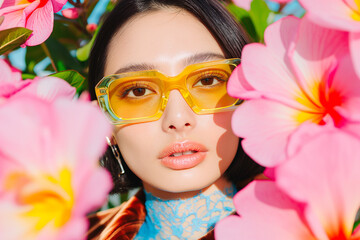A modern fashion portrait featuring a model in lime green statement glasses with vibrant floral surroundings. A dynamic and artistic editorial concept.