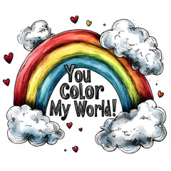 You Color My World! Valentine Graphic. Child Kid's Valentine design. Valentine T-shirt design, Children's Valentine's day card designs.A rainbow with hearts and clouds.