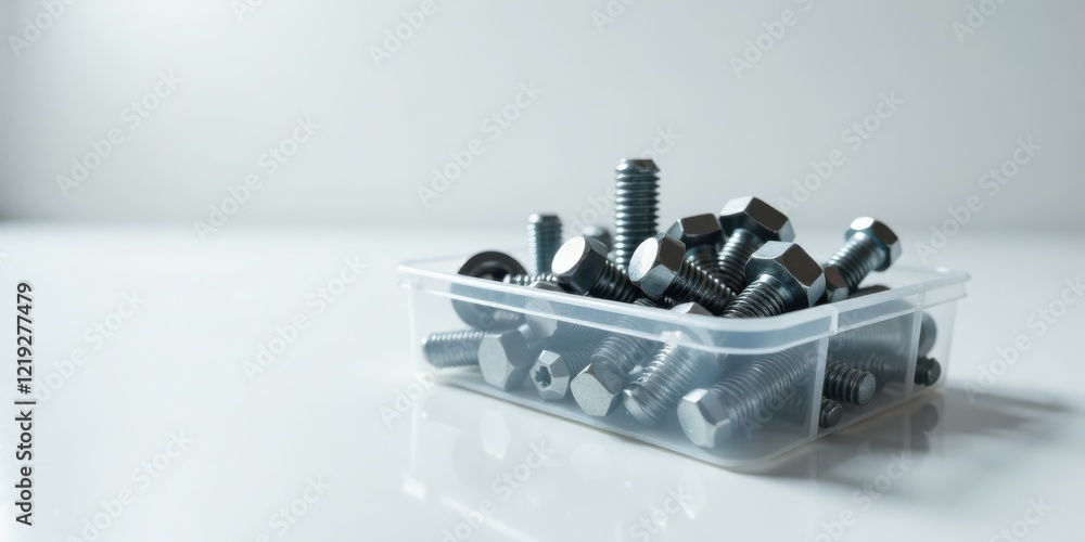 Poster a collection of metallic fasteners neatly arranged within a clear plastic storage container on a bri
