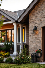 Captivating Home Exterior: Stone Facade, Landscaping, and Warm Evening Lighting