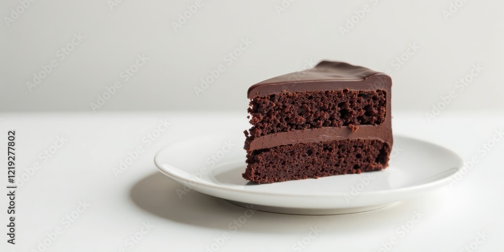 Poster a decadent slice of rich chocolate layer cake, perfectly frosted and served on a simple white plate,