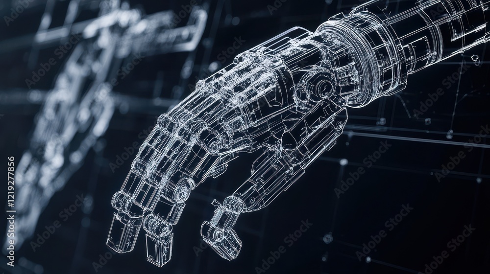 Poster detailed 3d blueprint of a robotic arm designed for intricate assembly
