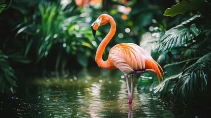 Fototapeta premium A graceful flamingo standing on one leg in a serene pond, surrounded by greenery, 