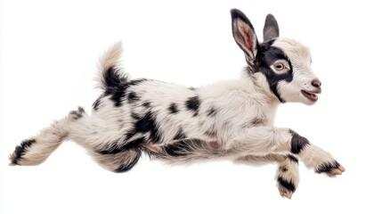 Obraz premium A cute baby goat jumping around a field, with its ears perked up in excitement, on a white isolated background