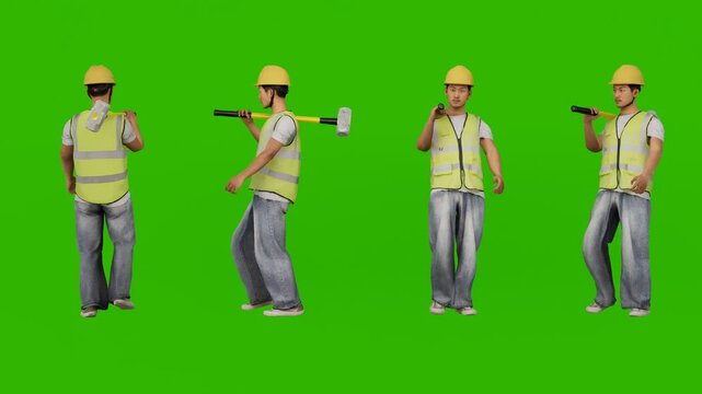 3D animation set of Worker carrying sledge-hammer over shoulder to create a green screen chroma key effect	
