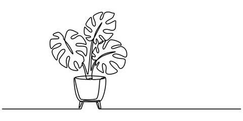 Monstera in pot drawing in one continuous line, Single continuous line drawing monstera. Monstera leaf line art. Contour drawing. Minimalism art. Modern decor,  beauty potted tropical leaf monstera.
