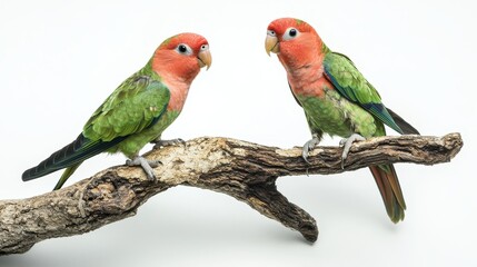 Fototapeta premium A pair of lovebirds perched on a branch, with vibrant feathers, on a white background