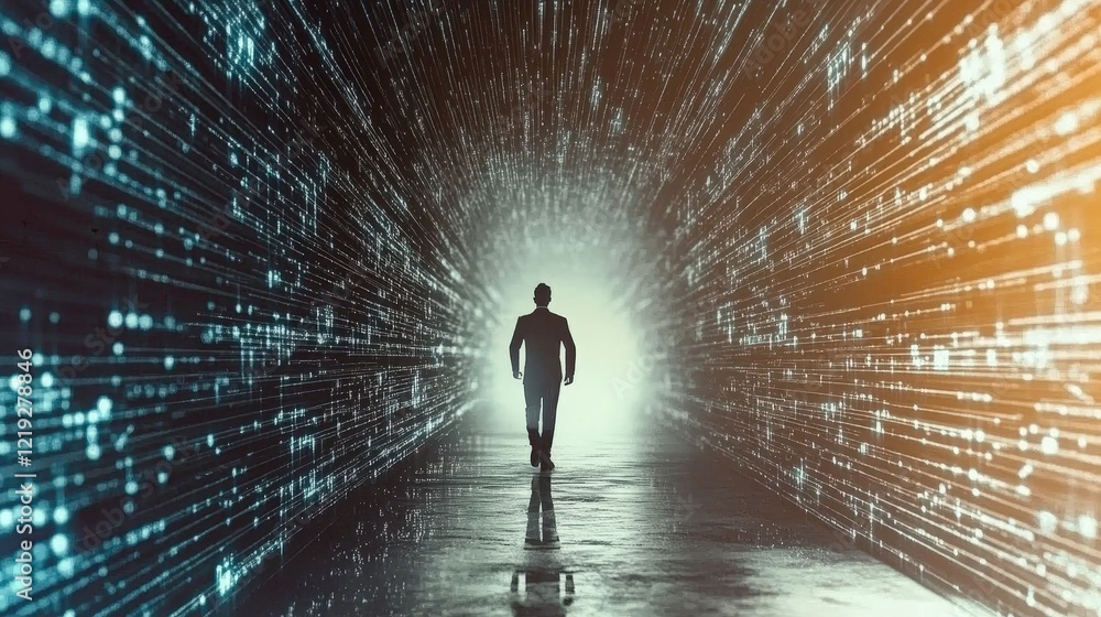 Poster a man walking through a futuristic tunnel of light and data