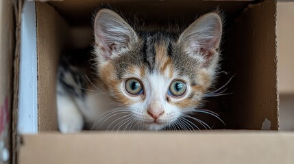 A playful kitten peeking out of a cardboard box, with curious eyes, on a white background