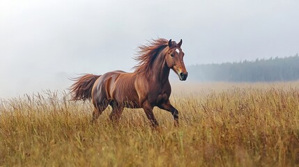 Obraz premium A majestic stallion galloping through a field of tall grass, with its mane flowing in the wind