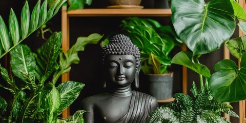 Serene Buddha Statue Surrounded by Lush Green Plants in Cozy Indoor Setting with Natural Light
