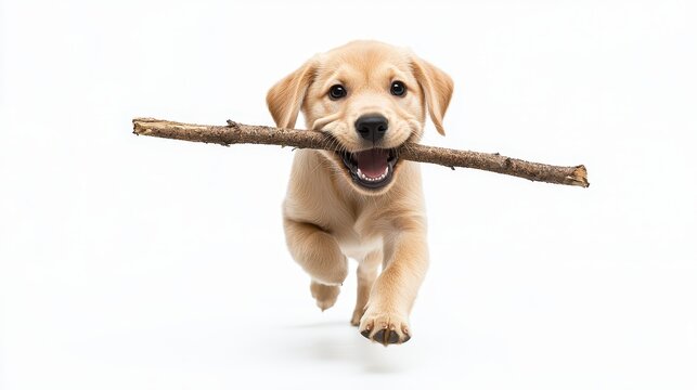 A playful puppy running with a stick in its mouth, with its tail wagging, on a white isolated background