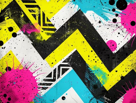 Bold 90s patterns with zigzag lines, neon green and pastel blue overlays, hot pink dots scattered across a lively background