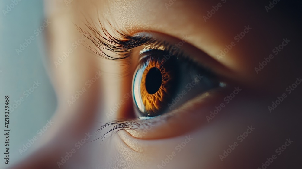Poster warm light illuminates the intricate details of an eye, highlighting the iris, pupil, and delicate e