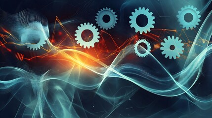Artistic visualization of production theory symbolic gears and flowing lines representing efficiency output resource allocation and productivity in business