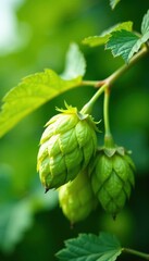 Vibrant green hops cones cluster on a bines branch , plantation, organic, nature