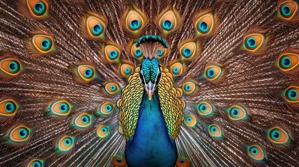 Obraz premium A proud peacock displaying its vibrant feathers, with a striking pattern