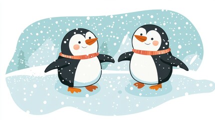 Fototapeta premium A pair of penguins waddling together on an icy landscape, with snow gently falling, on a white isolated background