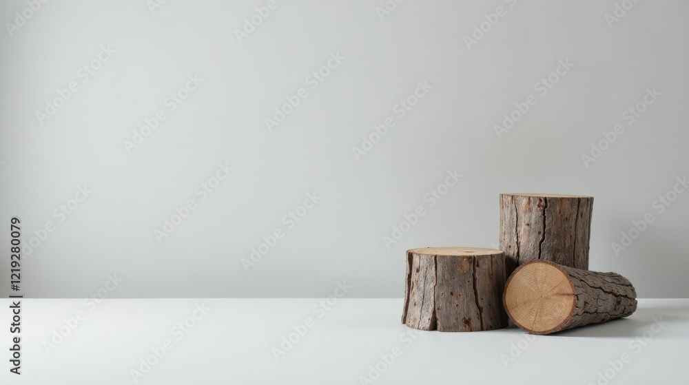 Poster Rustic Wooden Slices Arranged on a Plain White Surface Against a Neutral Background, Ideal for Product Display or Minimalist Composition