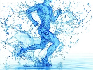 Naklejka premium Silhouette of a running man made of water. The human body and its physical structure is composed of 60% water. Ai generative