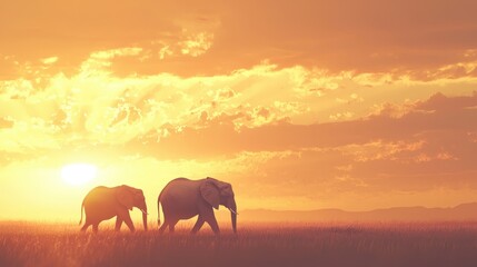 A pair of elephants walking together through the savannah, with the sun setting in the background