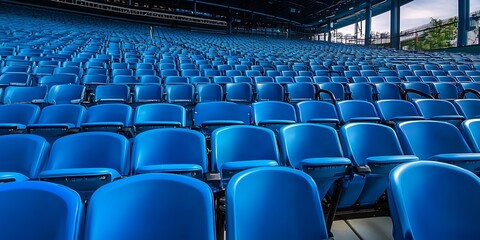 Naklejka premium Blue seats in an outdoor stadium, rows of seats, advertising photography