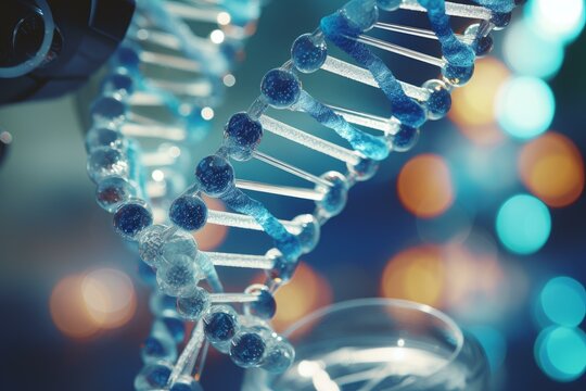 Glass model of a dna double helix rotating in a laboratory setting, showcasing advancements in genetic research and biotechnology